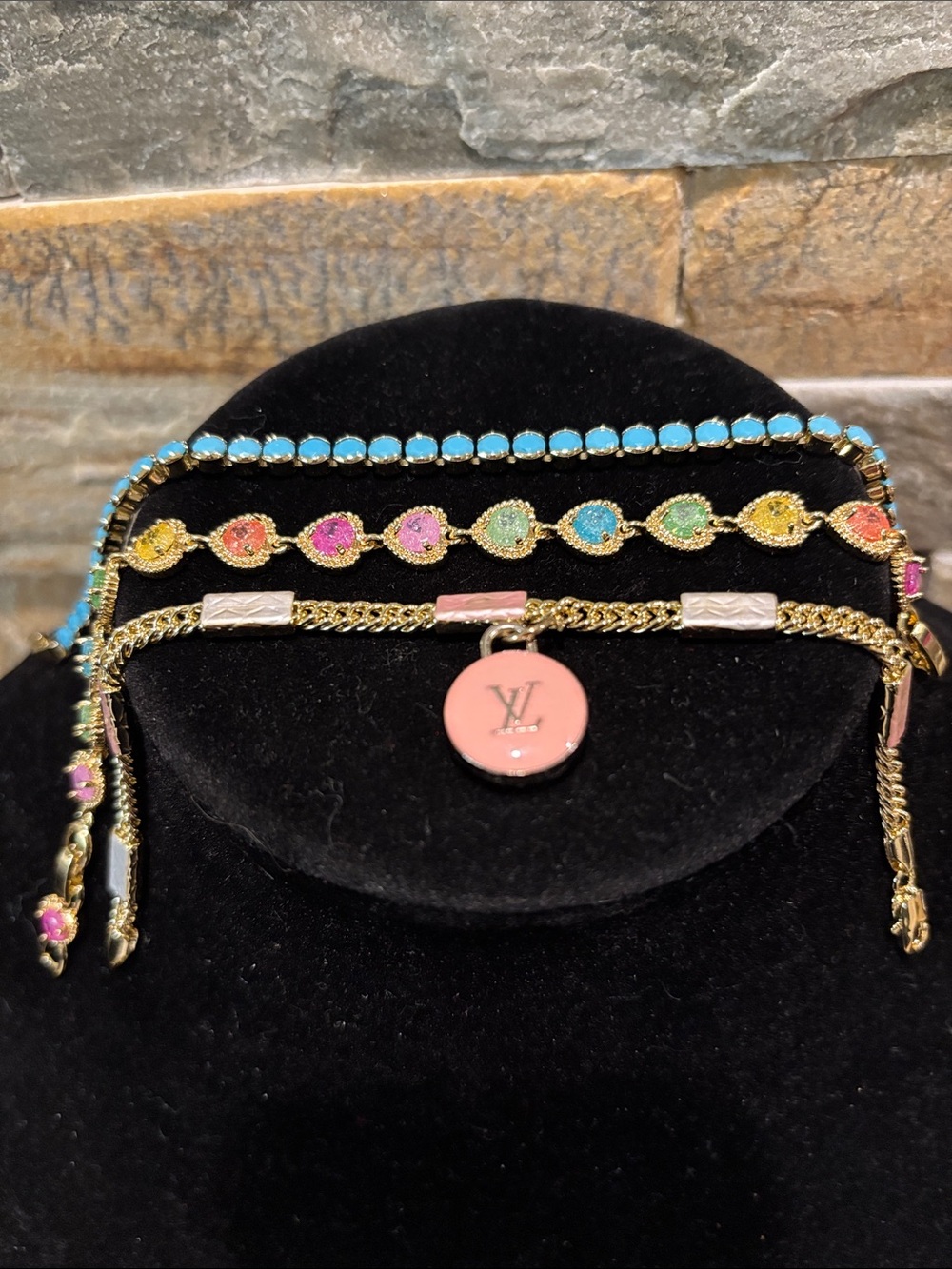 Gold-Tone Bracelet Set with Pink Enamel LV Charm and Multicolor Stones